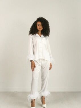 Feather-Trim White Satin Pajama Set